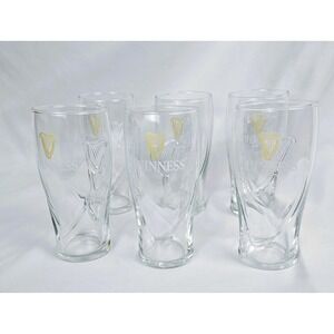 Guinness Gravity Pint Beer Glasses Set of 6 Gold Harp Logo Embossed Barware